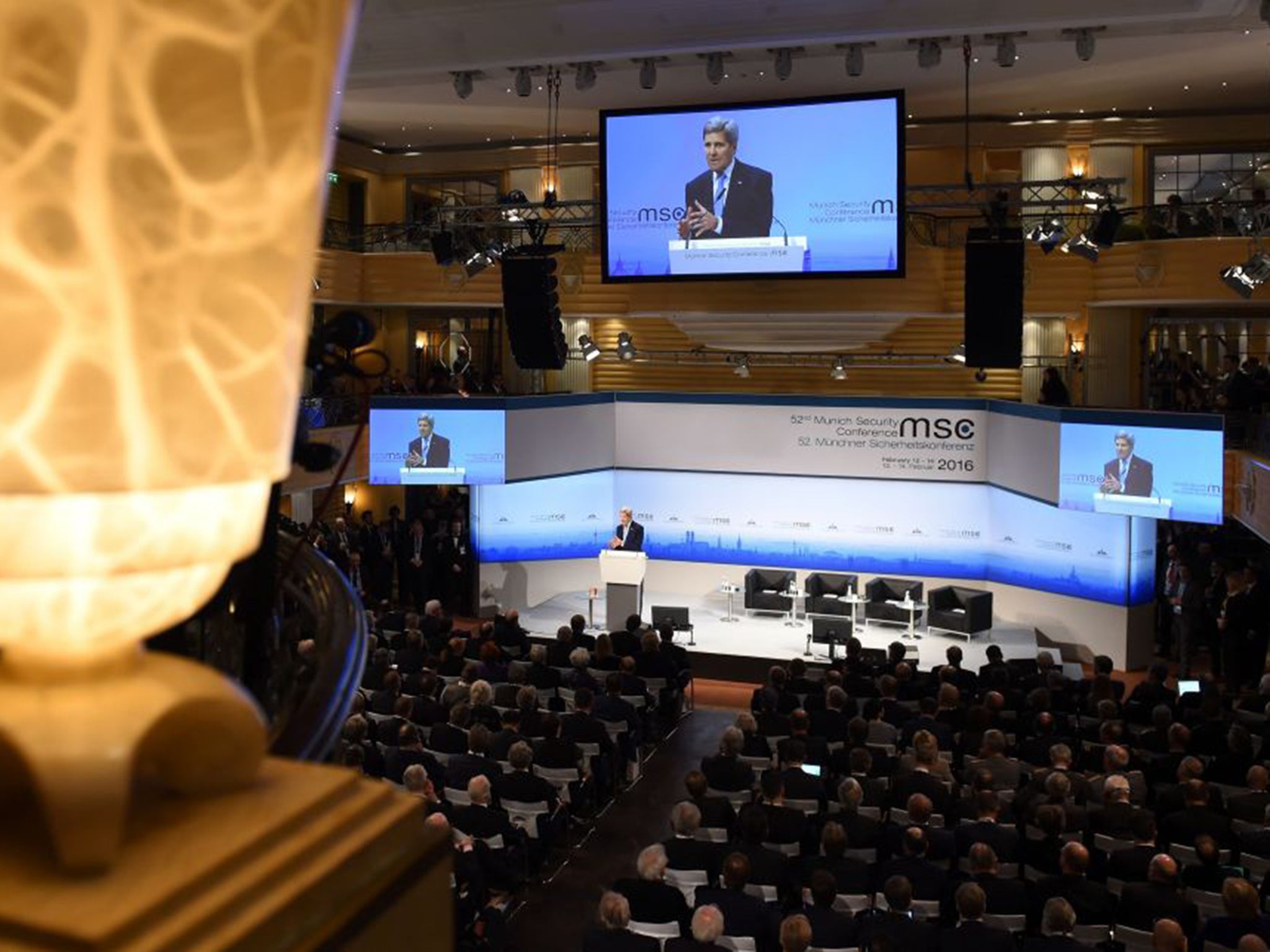 US Secretary of State John Kerry addresses the conference in Munich. He has reiterated that Russia is hitting “legitimate opposition groups” and civilians with its bombs