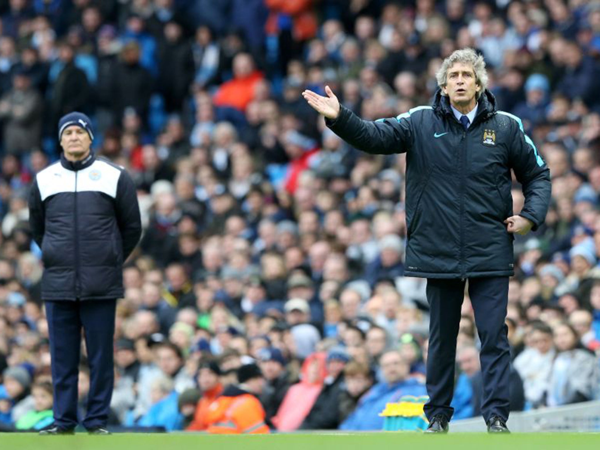 Manuel Pellegrini looks on as Man City succumb to Claudio Ranieri's Leicester City at the Etihad