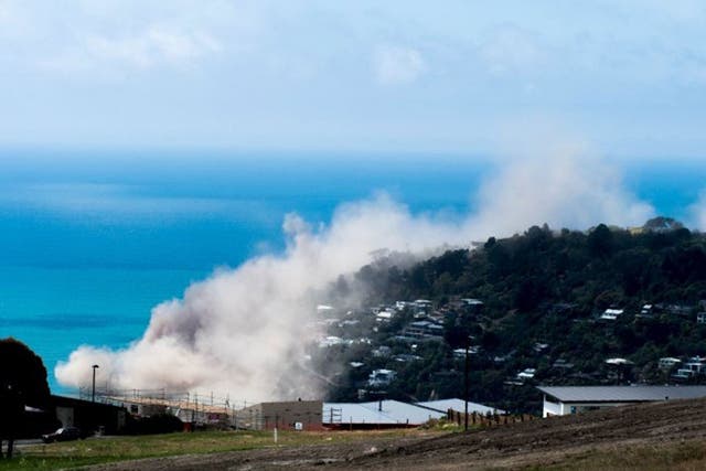 Dust and debris rise above houses after a cliff collapsed due to an earthquake on the Whitewash Head area
