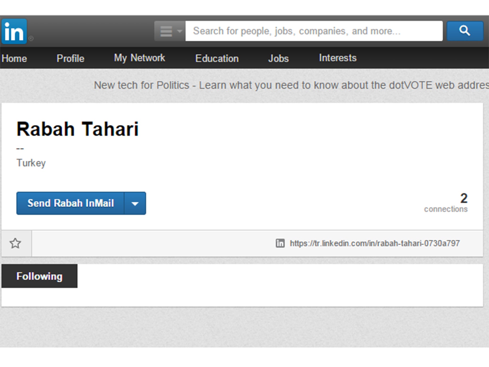 Rabah Tahari's LinkedIn account revealed his location as Turkey