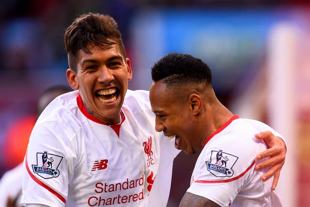 Liverpool's Roberto Firmino congratulates Nathaniel Clyne on his goal