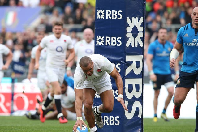 Jonathan Joseph scored a hat-trick for England in Rome.