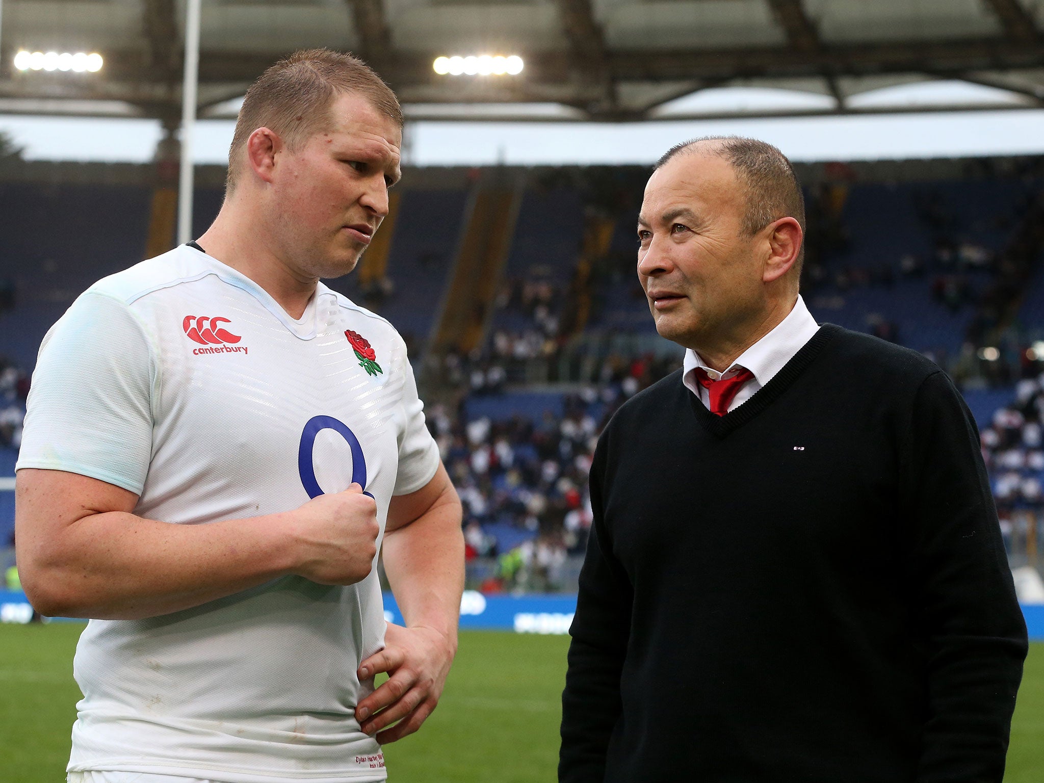 Dylan Hartley talks with Eddie jones after England's win over Italy