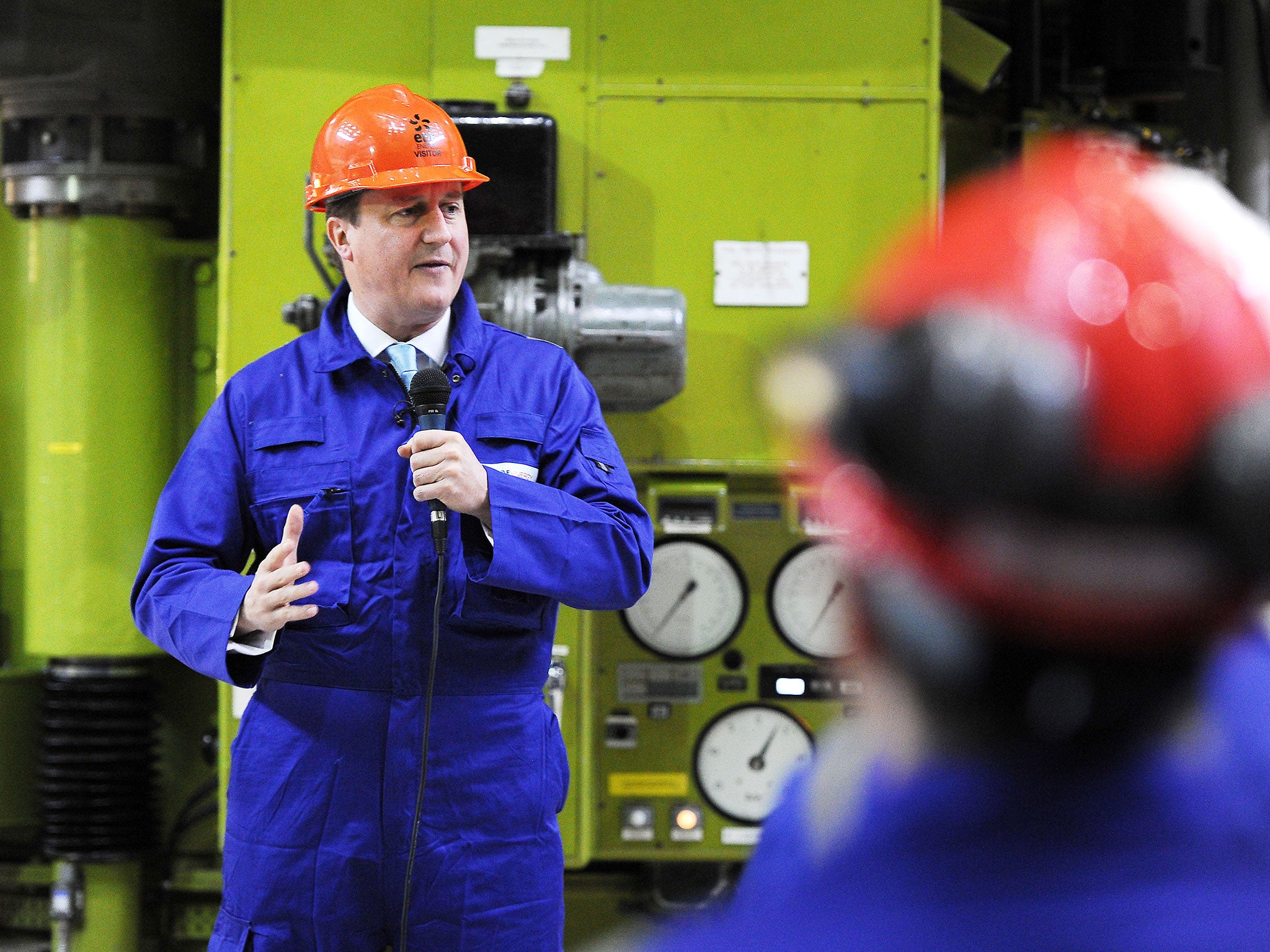 David Cameron delivering a speech to workers in the Charge Hall at Hinkley Point B in 2013. The Prime Minister is relying on Hinkley Point C as part of his strategy to 'keep the lights on' in Britain in the next decade