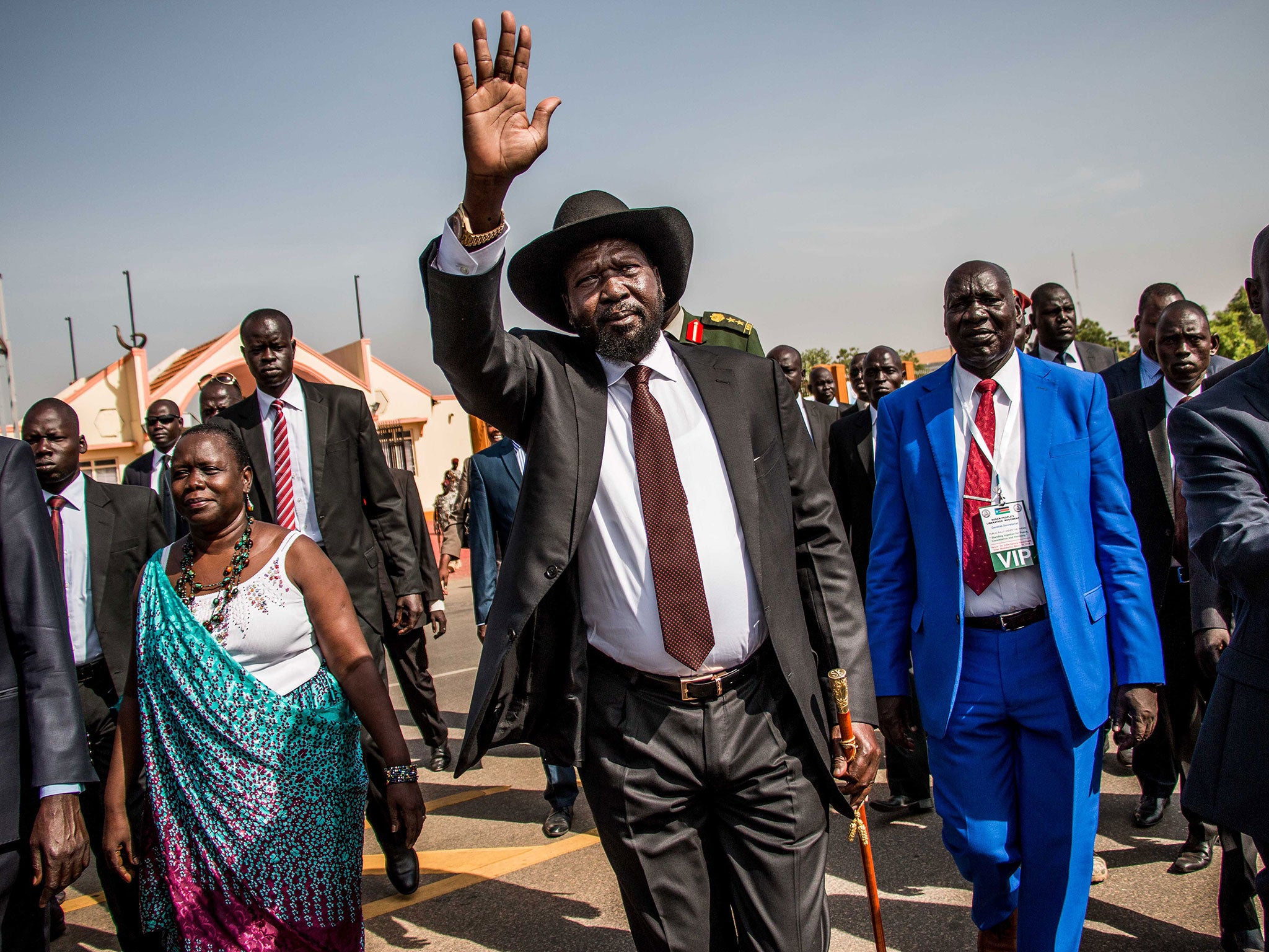 South Sudan President Salva Kiir arrives for a political rally in Juba