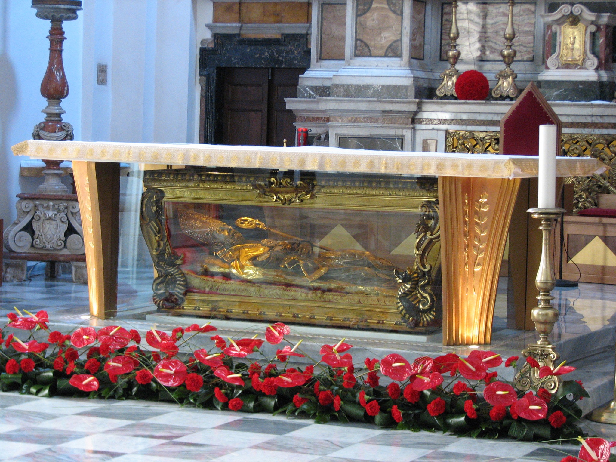 The remains of St Valentine in a glass coffin in Treni, central Italy