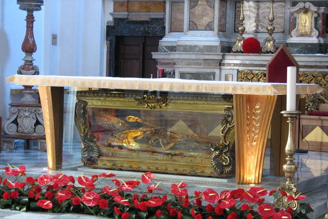 The remains of St Valentine in a glass coffin in Treni, central Italy
