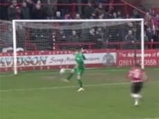 Video: Goalkeeper concedes comical goal after trying juggling skills