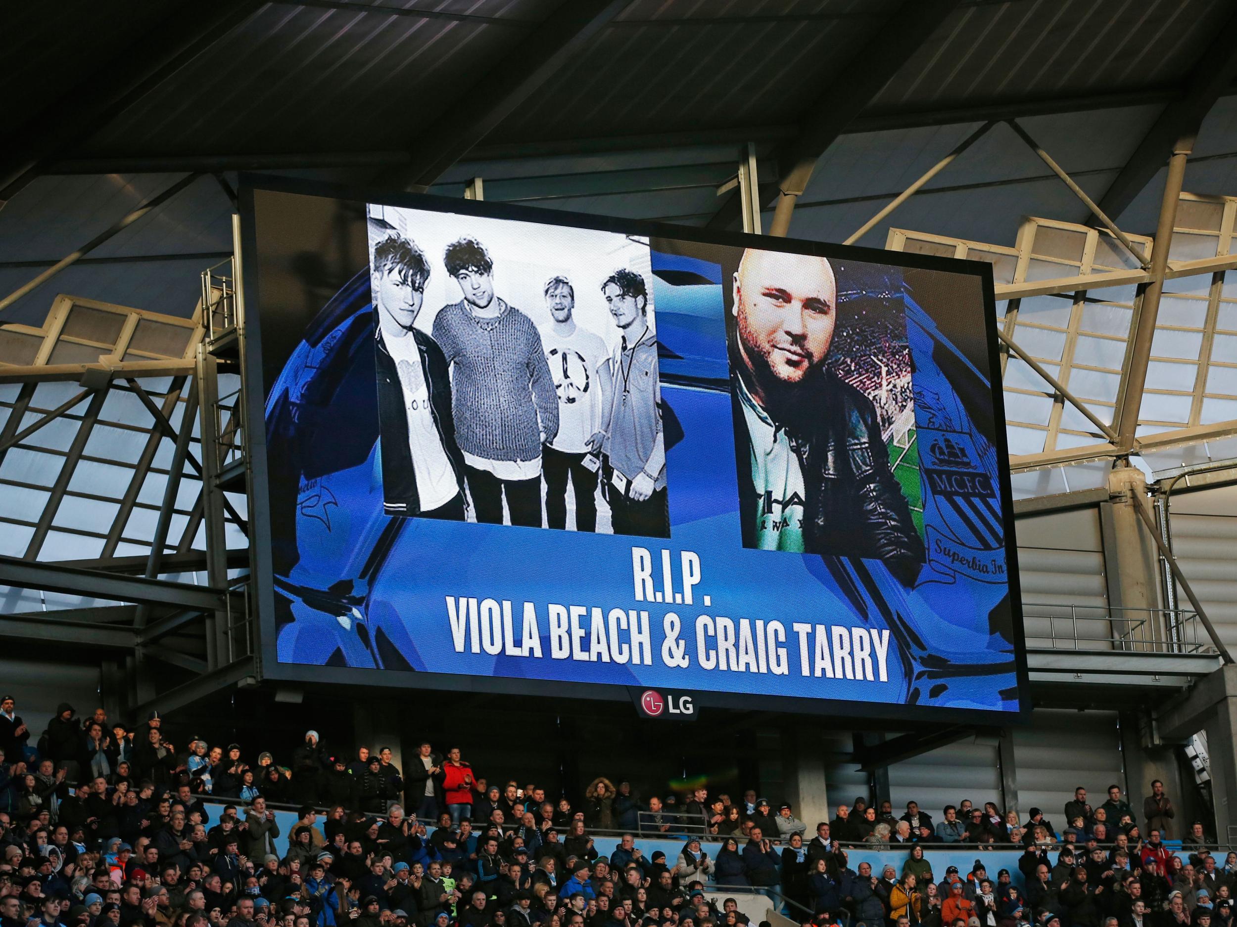 General view during a minutes applause for Viola Beach and Craig Tarry, who had been a Manchester City supporter, during the Manchester City v Tottenham Hotspur match