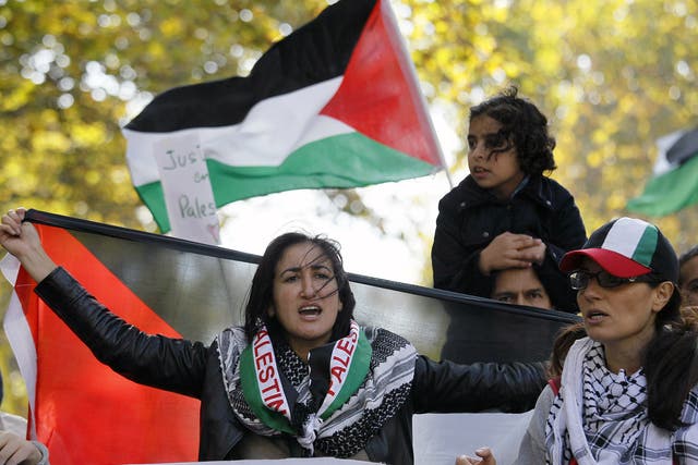 People take part in a pro-Palestinian demonstration in Paris, calling for a boycott of Israel, Oct 2015