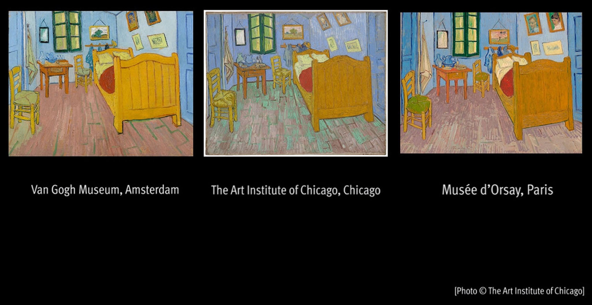 The three versions of "The Bedroom at Arles" painted by Vincent van Gogh