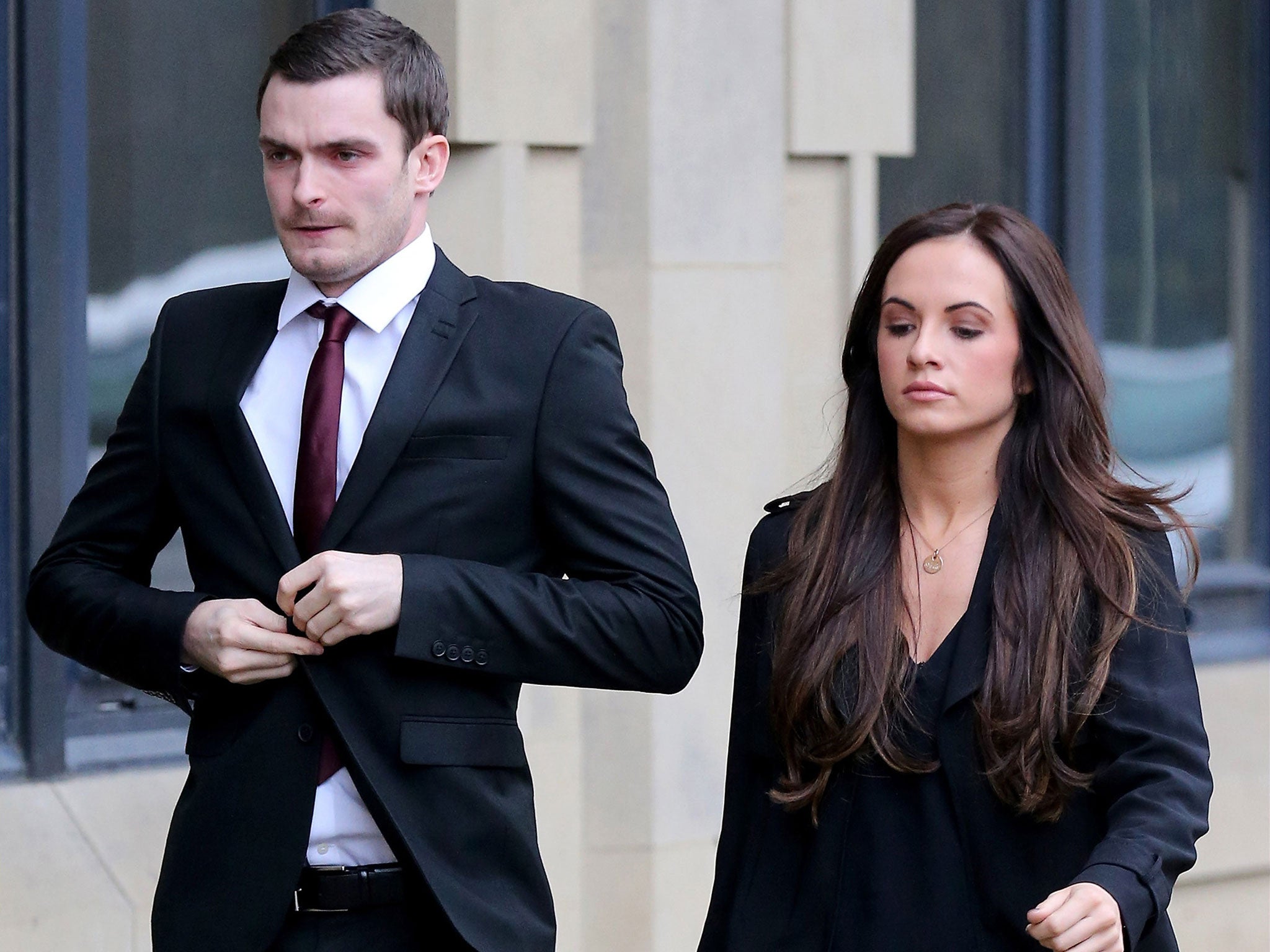 Adam Johnson and his girlfriend Stacey Flounders arrive at Bradford Crown Court on February 12, 2016