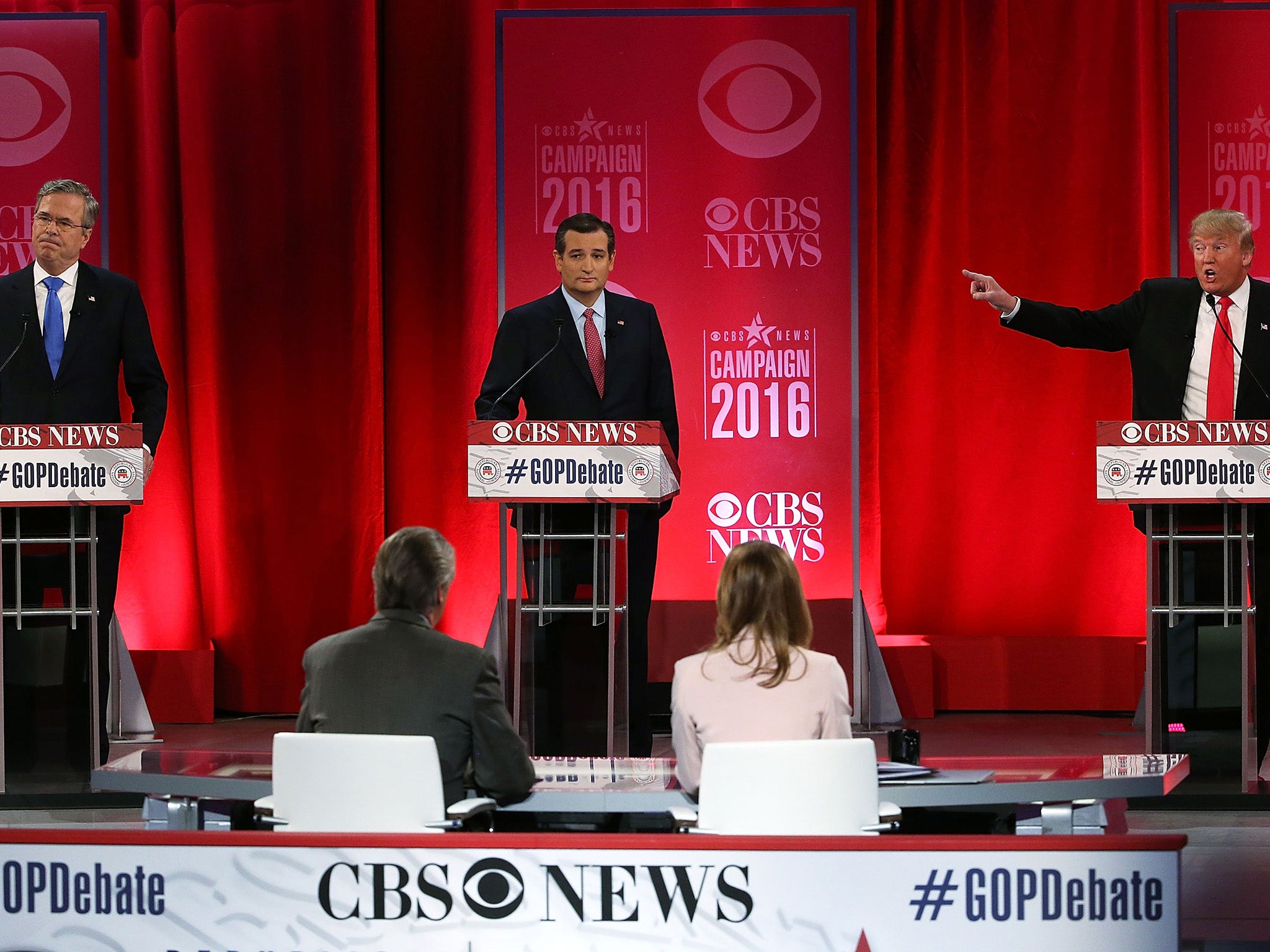 Republican presidential candidates Jeb Bush, Sen. Ted Cruz and Donald Trump participate in a CBS News GOP Debate