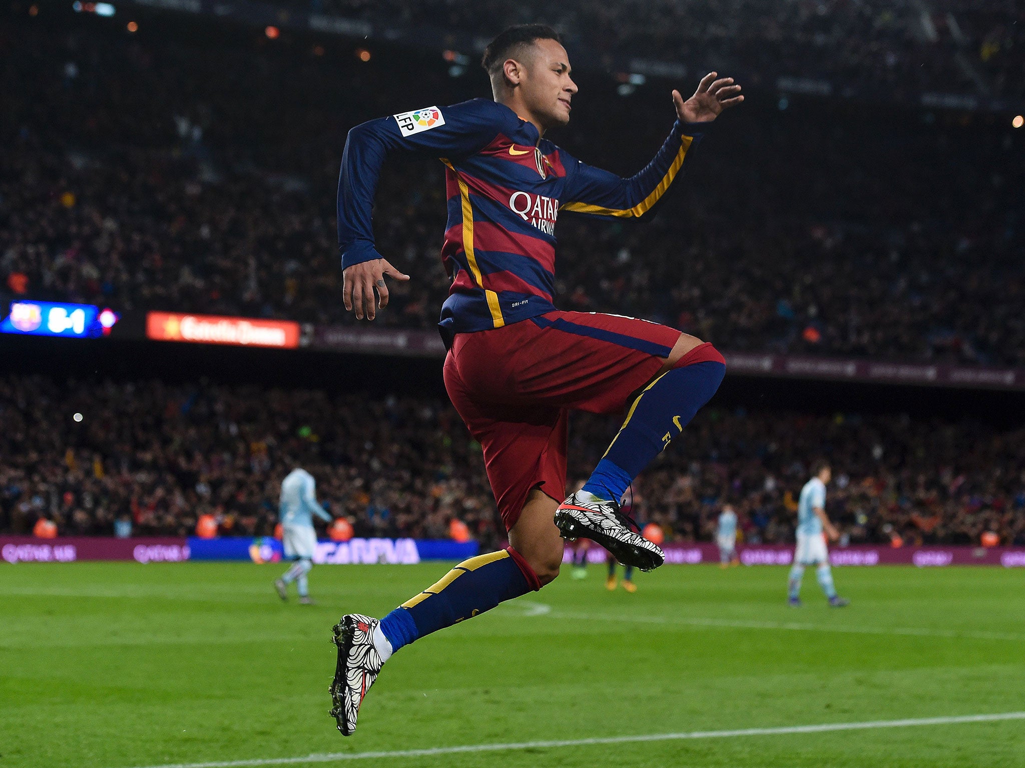 Neymar celebrates scoring Barcelona's sixth goal against Celta Vigo