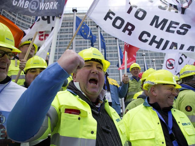 British steelworkers demonstrate against the import of cheap Chinese products in Brussels on Monday