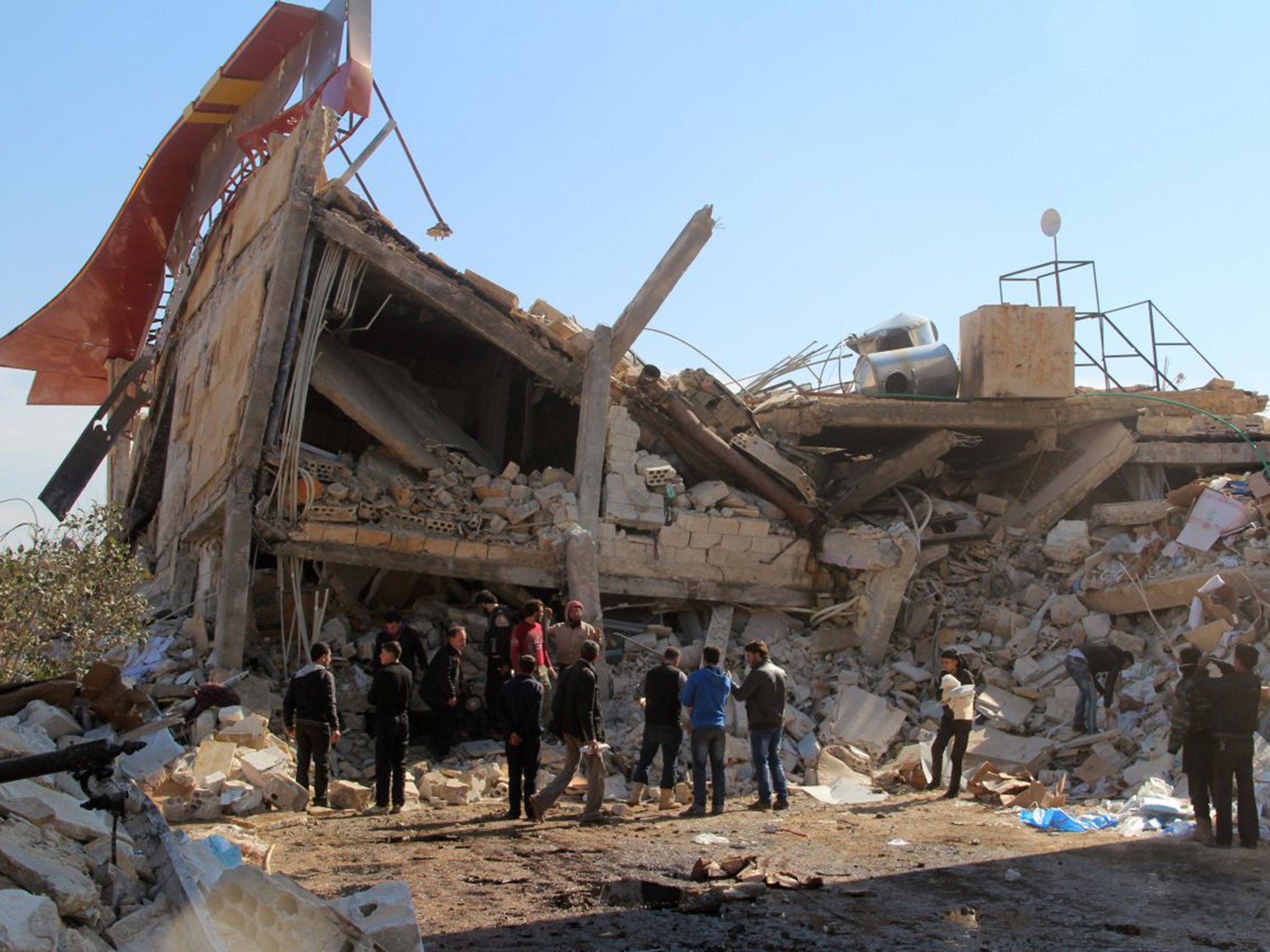 The rubble of a hospital destroyed in Syria’s northern province of Idlib in suspected Russian air strikes