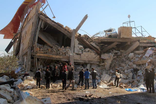 The rubble of a hospital destroyed in Syria’s northern province of Idlib in suspected Russian air strikes