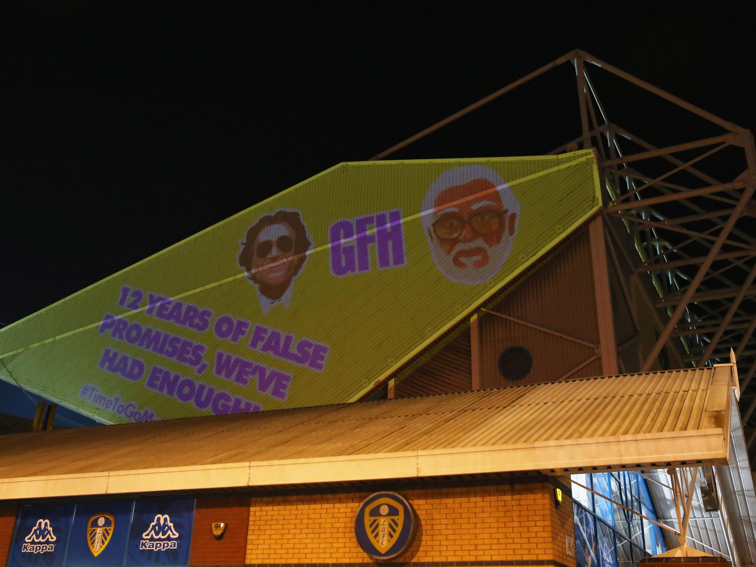 A message for Massimo Cellino is projected onto the side of Elland Road