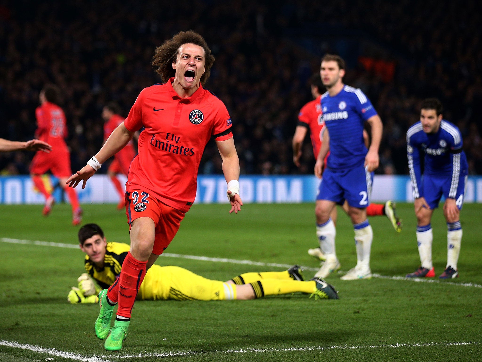 David Luiz celebrates his goal for PSG against Chelsea at Stamford Bridge