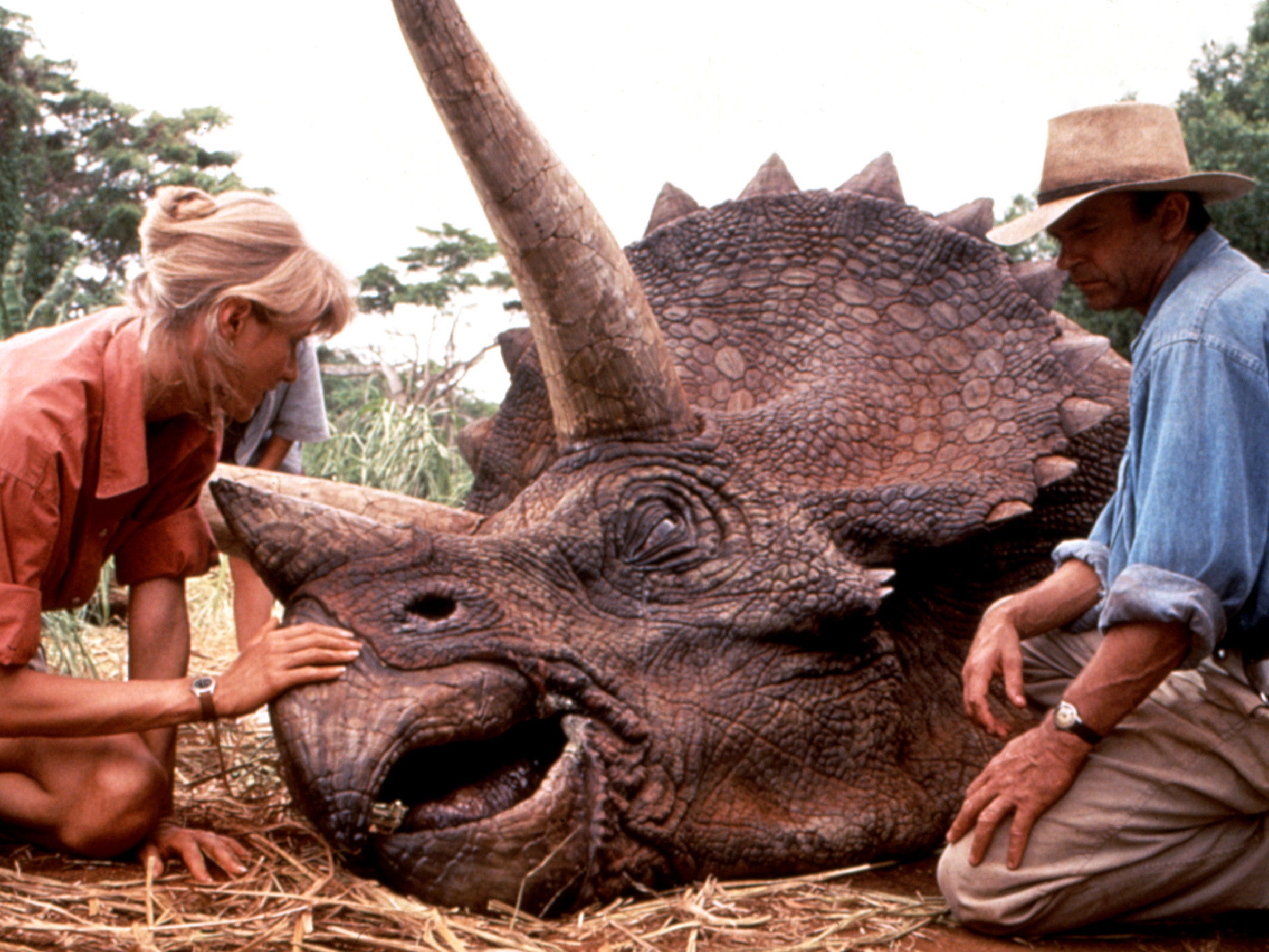 'Jurassic Park', Laura Dern, Sam Neill, with triceratops