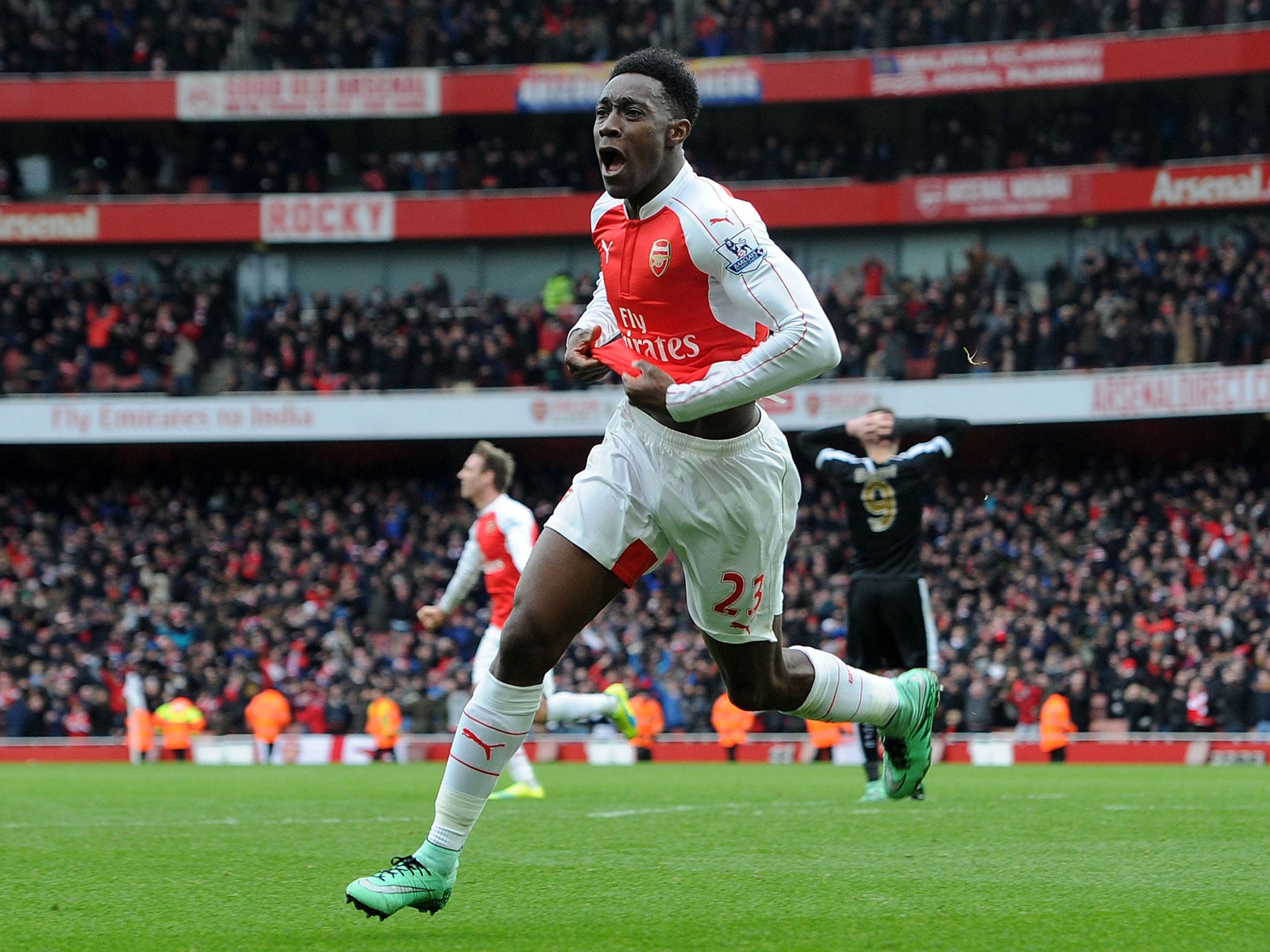&#13;
Welbeck celebrates scoring the winning goal against Leicester&#13;