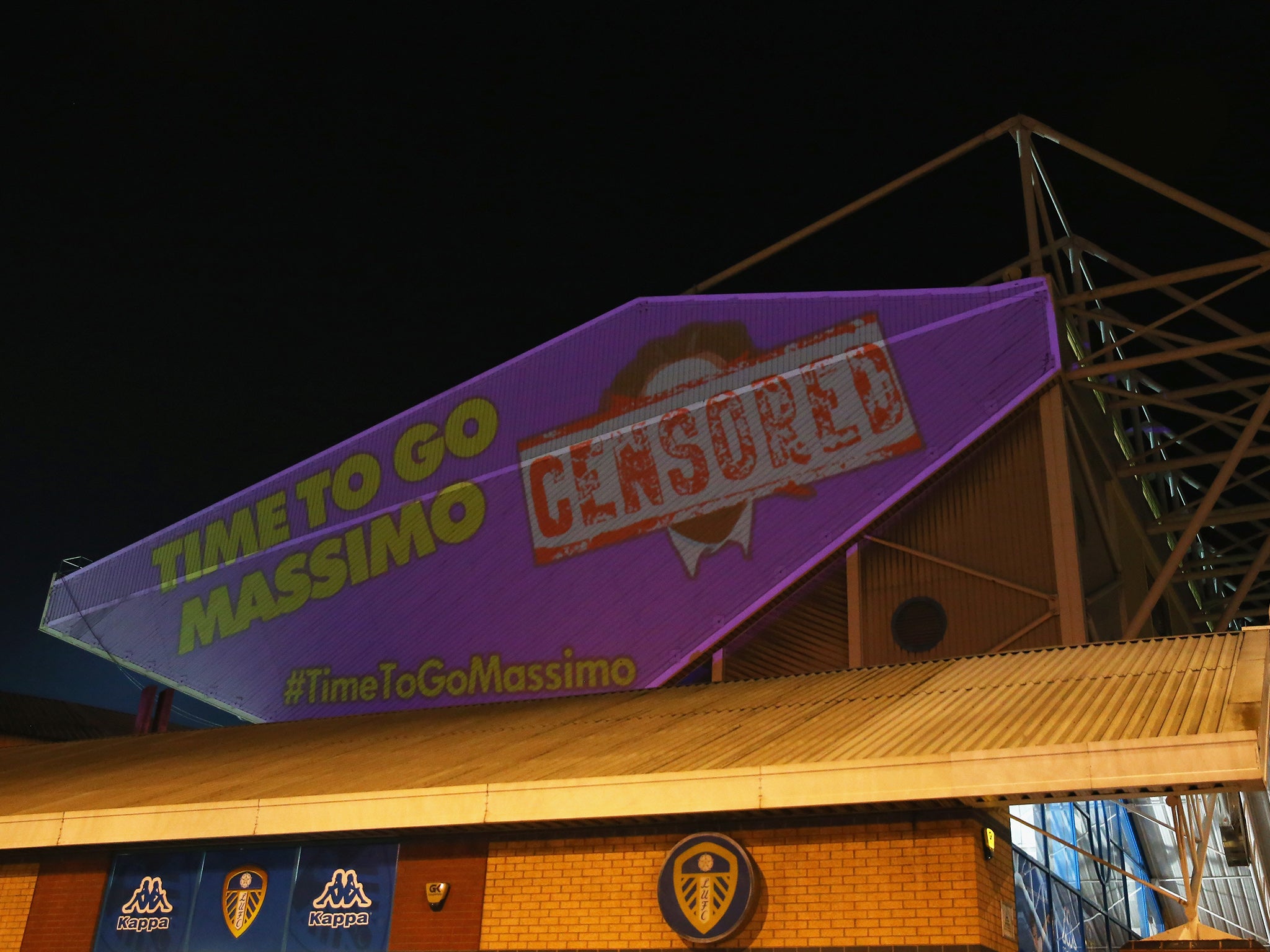 'Time to Go Massimo' projection onto Elland Road in protest against Massimo Cellino's ownership