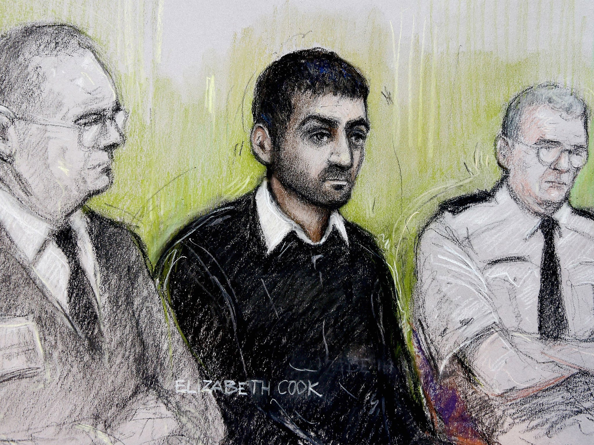 Court sketch of Erol Incedal (centre), a London law student who was the defendant in a secret terror trial