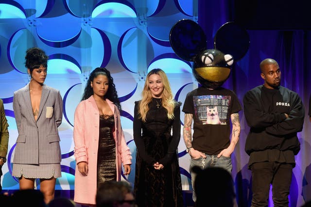 Rihanna, Nicki Minaj, Madonna, Deadmau5, and Kanye West onstage at the Tidal launch event in March 2015