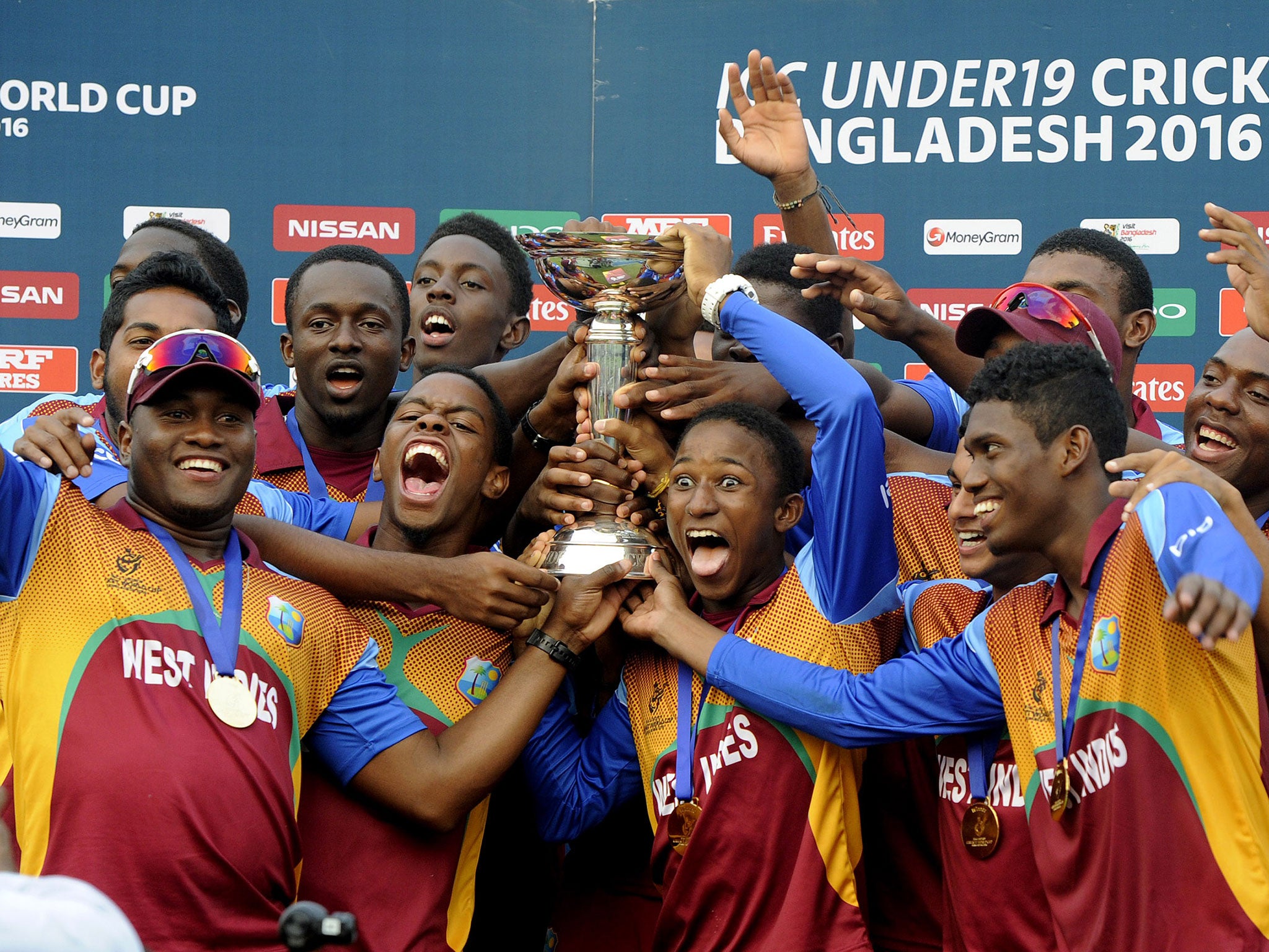 West Indies celebrate their victory over India in the Under-19s World Cup final on Sunday
