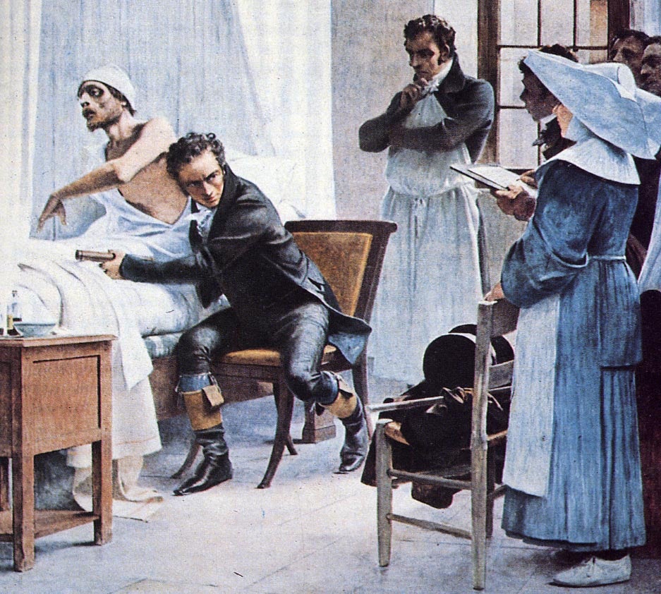 "Dr Laennec examines a consumptive patient with a stethoscope in front of his students at the Necker Hospital"