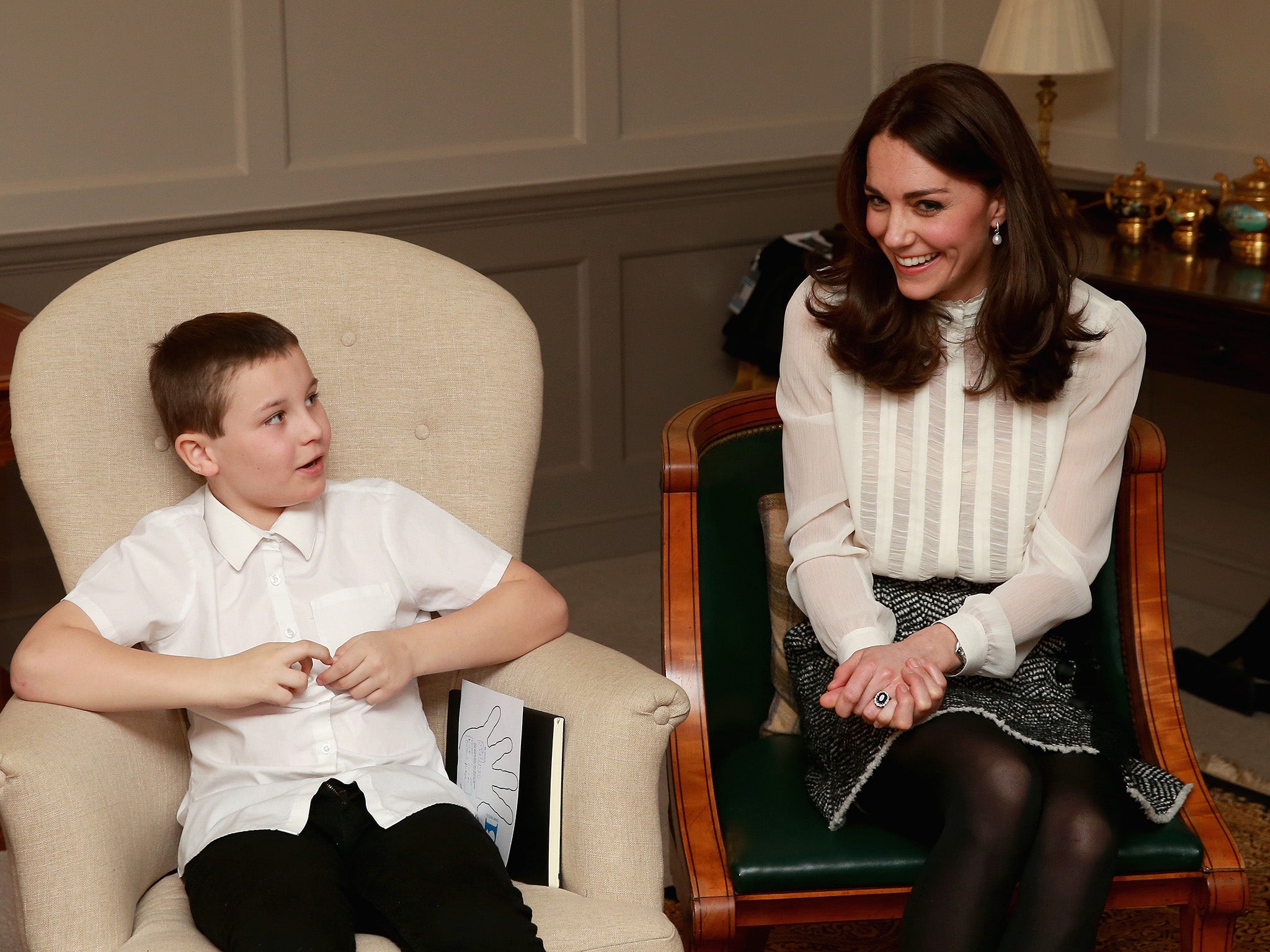 Catherine, Duchess of Cambridge chats to Hayden Pearce from the 'Real Truth' video blog that features on the Huffington Post website at Kensington Palace on February 17, 2016 in London, England.