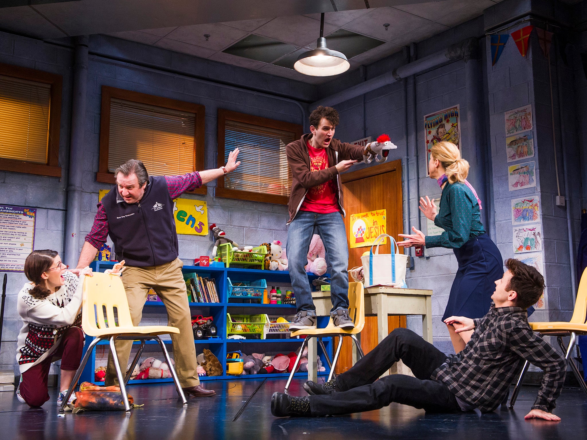 Left to right: Jemima Rooper (Jessica), Neil Pearson (Greg), Harry Melling (Jason), Tyrone, Janie Dee (Margery) and Kevin Mains (Timothy)