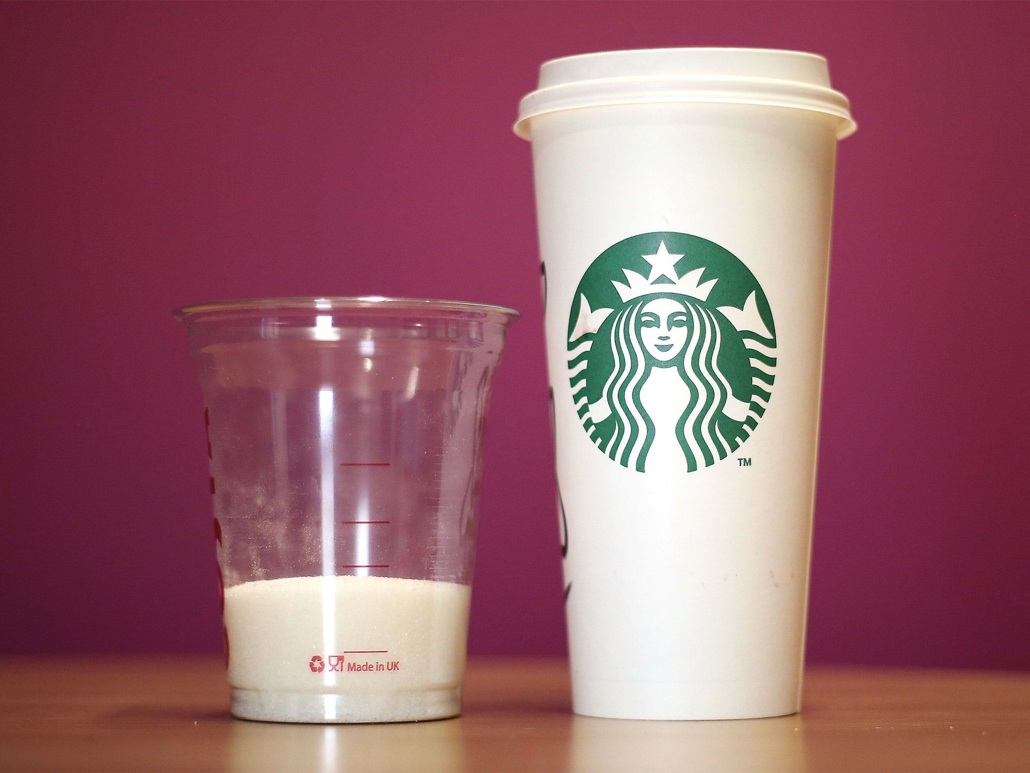 A cup of Starbucks' venti Grape with Chai, Orange and Cinnamon Hot Mulled Fruit which has a total of 25 teaspoons of sugar per serving