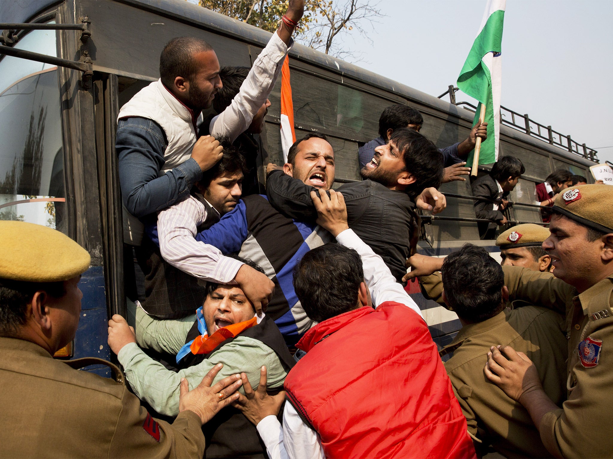 Police detain student union members protesting in support of Kanhaiya Kumar, who was jailed on Friday, in New Delhi