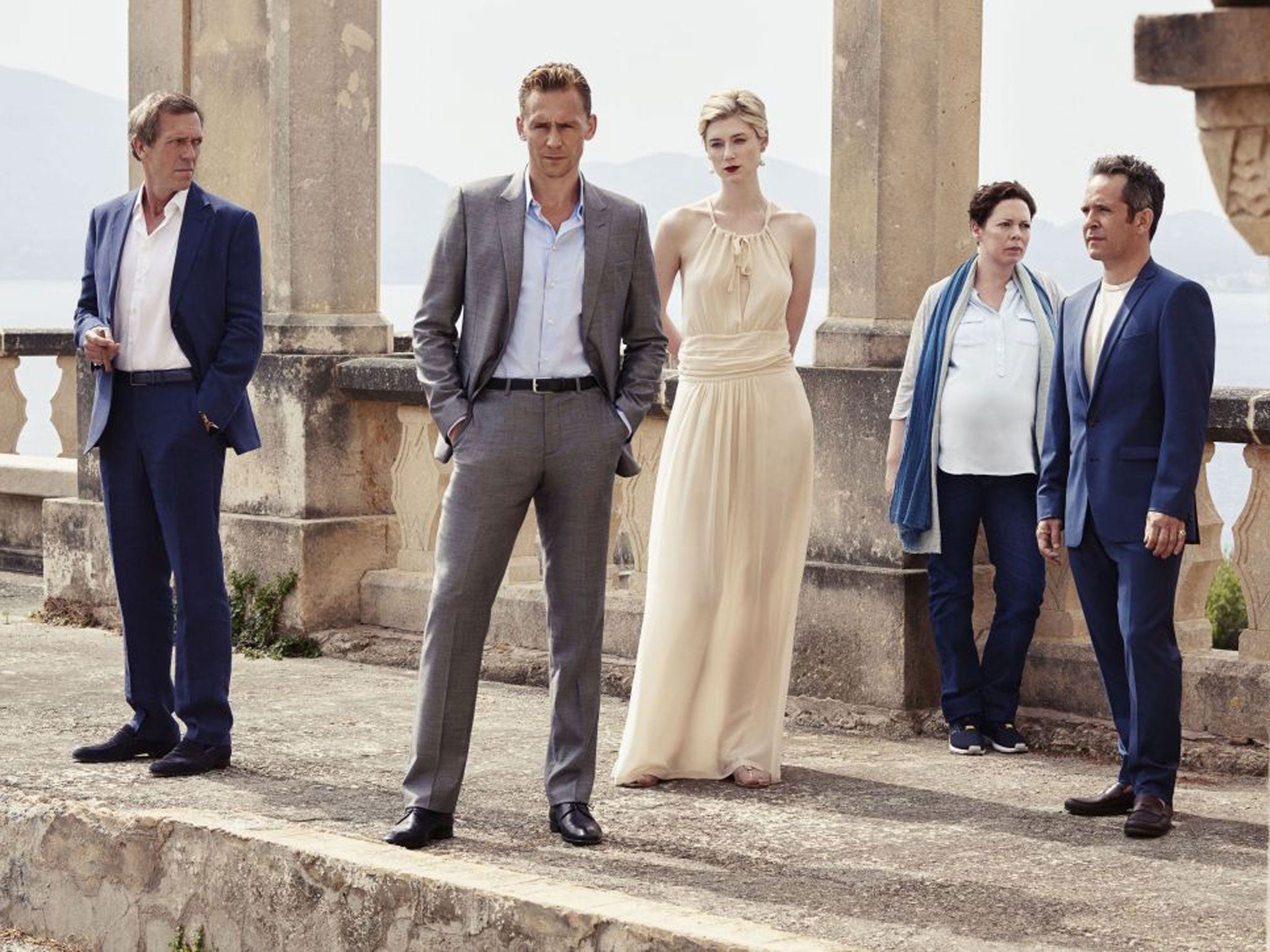 From left: Hugh Laurie, Tom Hiddleston, Elizabeth Debicki, Olivia Colman and Tom Hollander in ‘The Night Manager’