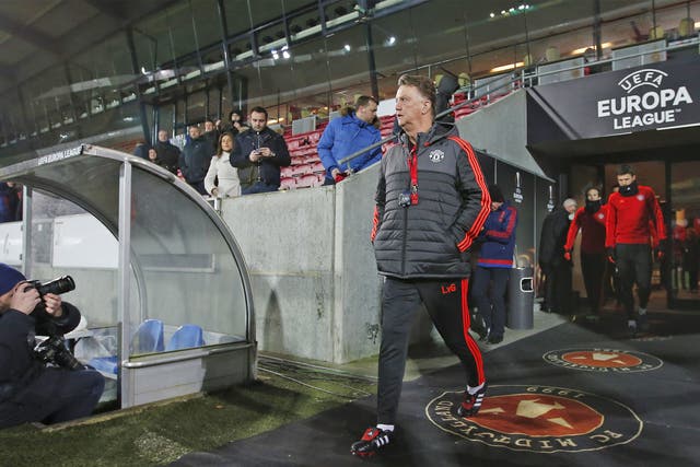 Louis van Gaal oversees training at the Herning Arena last night ahead of tonight’s game against Midtjylland re