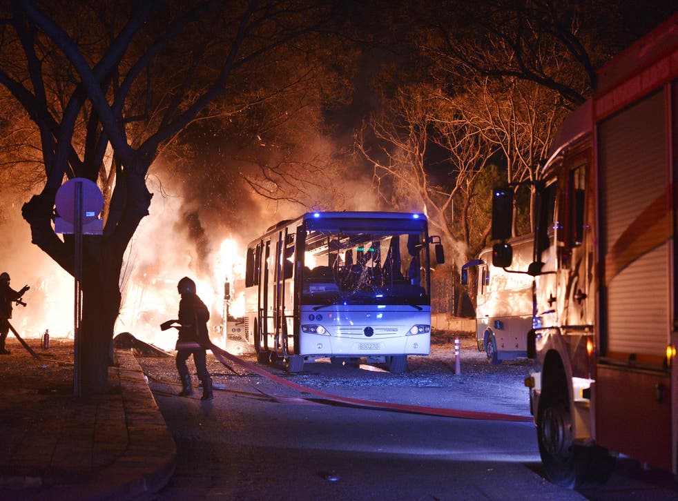 The scene of the explosion in Ankara last night; bombers targeted a bus carrying military personnel as it passed close to parliament