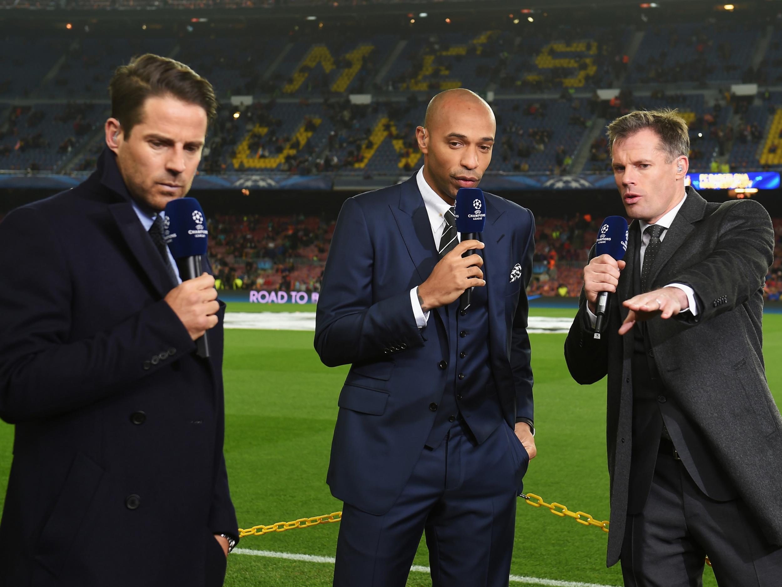 Sky Sports pair Jamie Redknapp and Jamie Carragher flank Thierry Henry