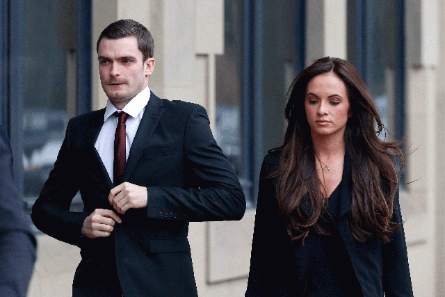 England footballer Adam Johnson, 28, and his partner Stacey Flounders at Bradford Crown Court