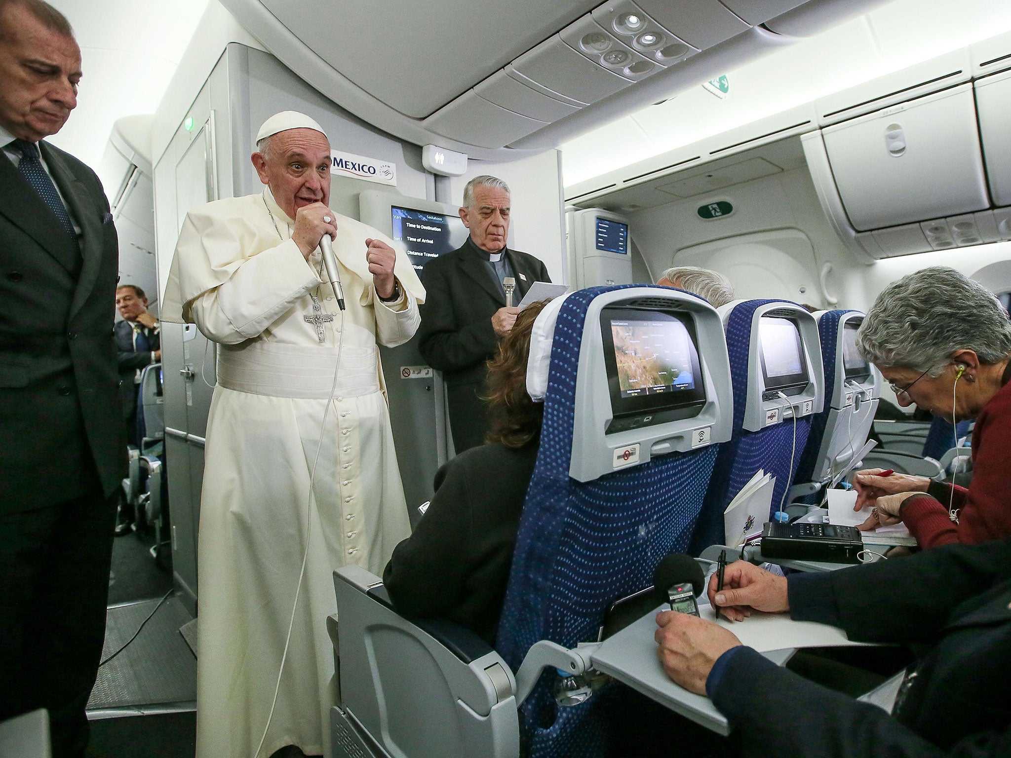 Pope Francis speaks to journalists aboard the flight from Mexico to Italy