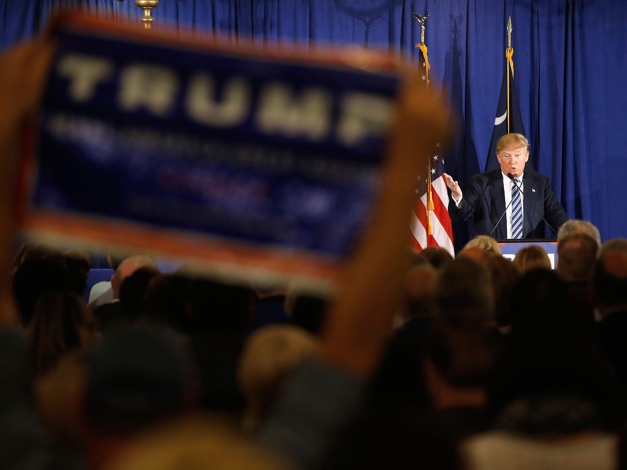 Republican presidential candidate Donald Trump speaks during a campaign stop in Kiawah Island
