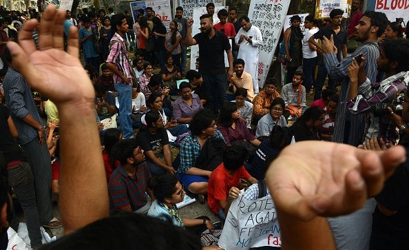 Leftists student activists rally against India's ruling BJP government during a protest at Jadavpur Unversity in Kolkata on 18 February