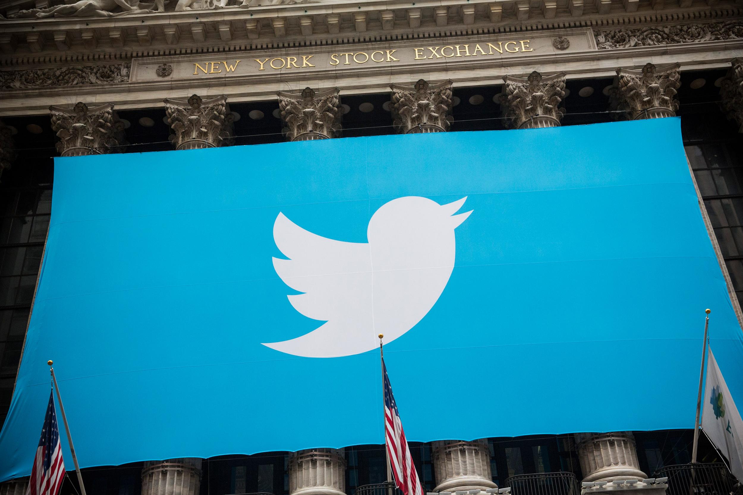 The Twitter logo on a banner outside the New York Stock Exchange