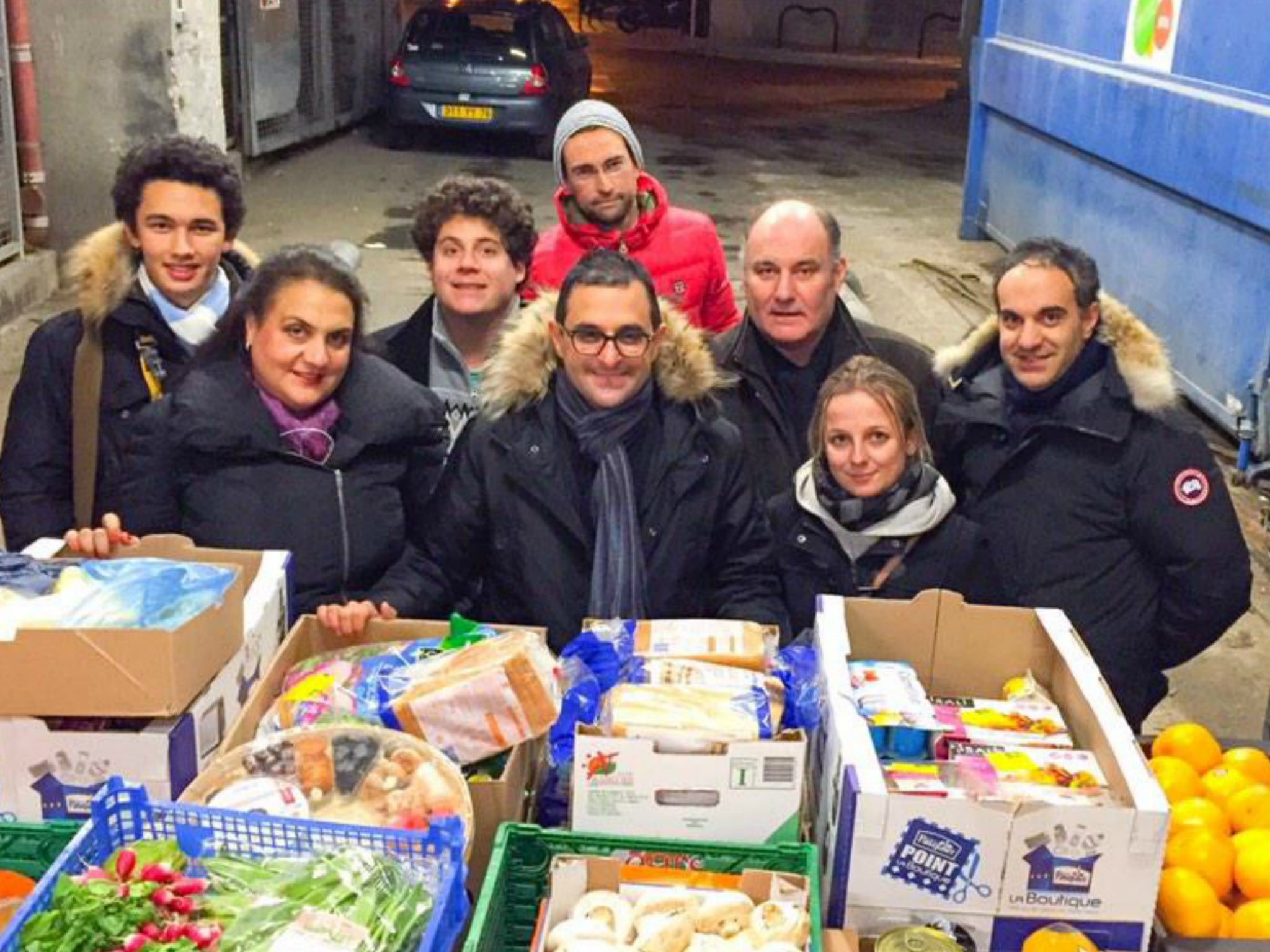 The author with friends and volunteers with saved supermarket food in Courbevoie