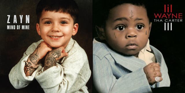 Mind of Mine by Zayn Malik and Tha Carter III by Lil Wayne both feature the artists as tattooed babies