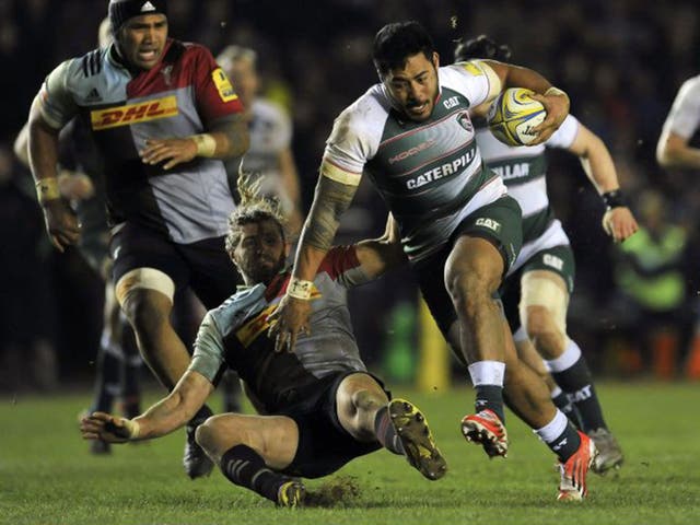 Leicester’s Manu Tuilagi breaks through the Harlequins back line on his return to action on Friday night