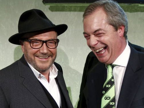 Nigel Farage, Britain's UK Independence Party leader, (R) and socialist politician George Galloway attend the "Grassroots Out" campaign, in favour of Britain leaving the EU, in London