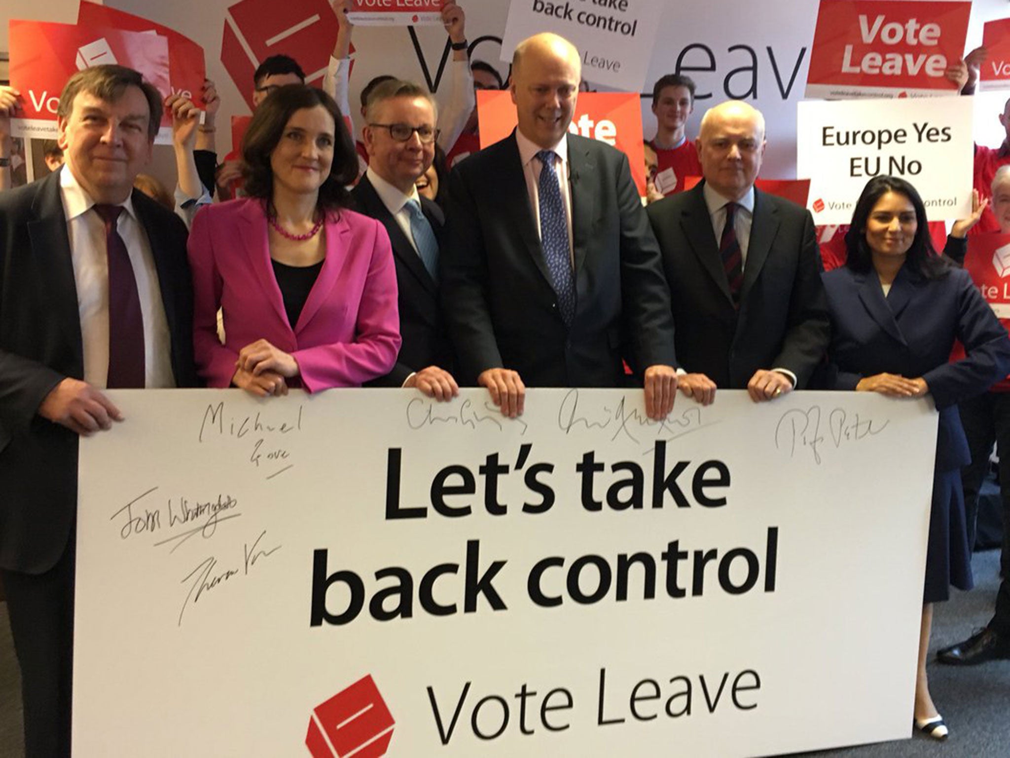 John Whittingdale, Theresa Villiers, Michael Gove, Chris Grayling and Priti Patel launching the Vote Leave campaign