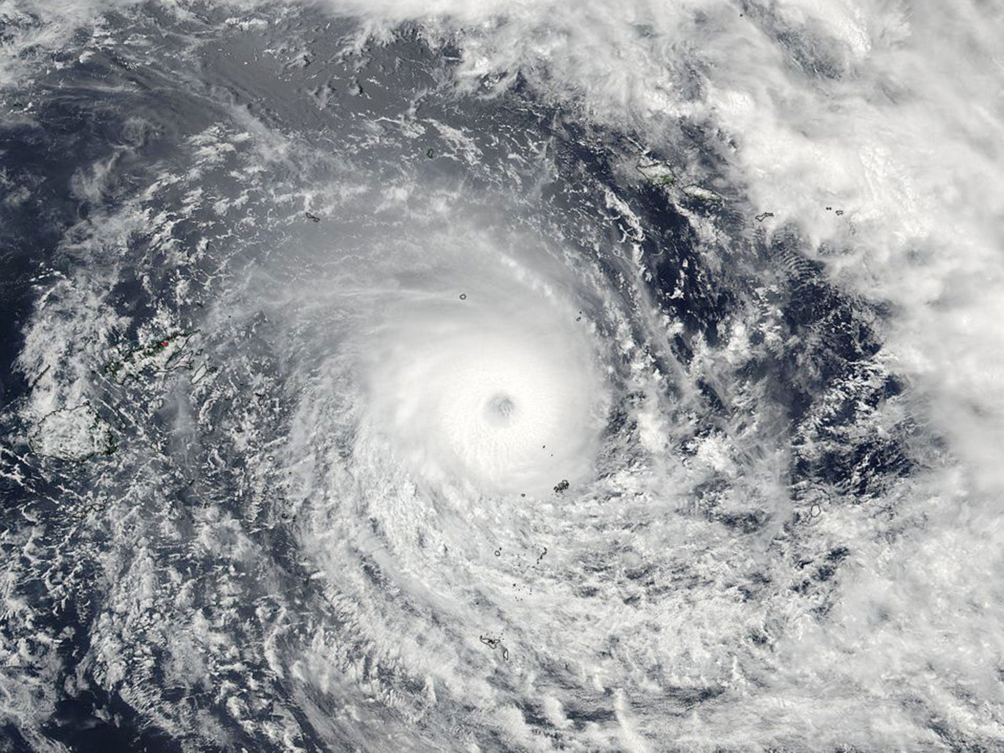 This Feb. 19, 2016, satellite image released by NASA Goddard Rapid Response shows Cyclone Winston in the South Pacific Ocean.