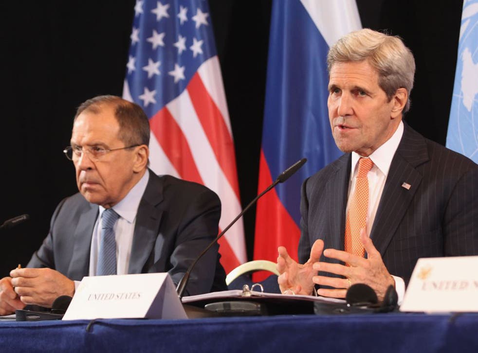 Russian Foreign Minister Sergey Lavrov and US Secretary of State John Kerry give a press conference in Munich. The Americans and the Russians are today crucial military players in Syria